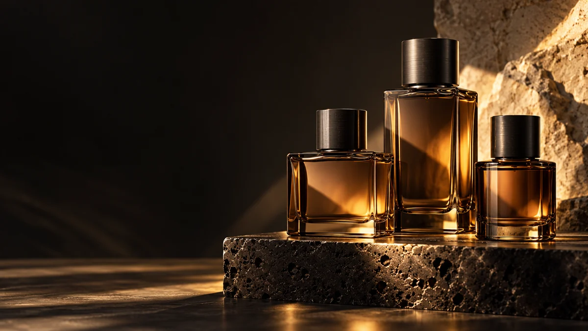 عطرهای شیشه‌ای کهربایی روی سنگ مشکی